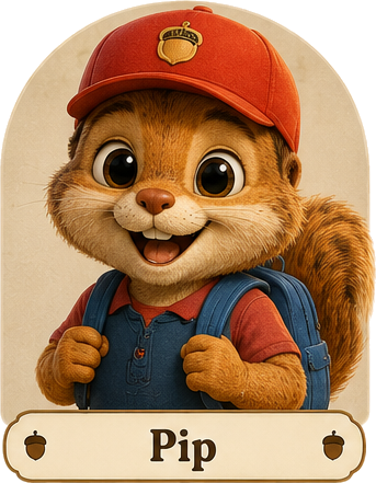 Portrait of Pip in a red acorn cap and overalls with a blue backpack, grinning brightly.