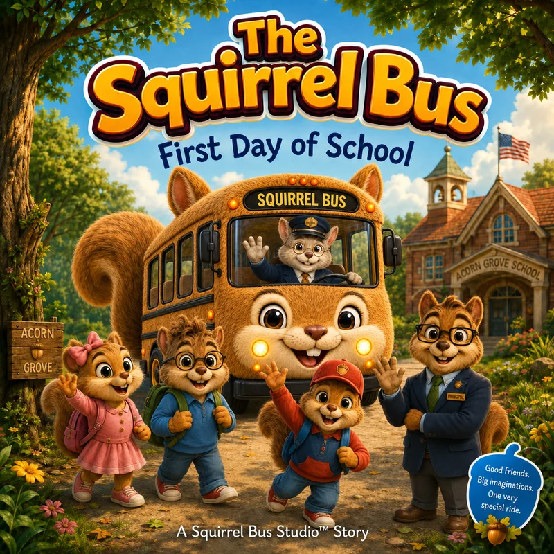 Cover of The Squirrel Bus: First Day of School, showing the smiling squirrel school bus with Mr. Whiskers at the wheel and the four young friends waving on the road to Acorn Grove.