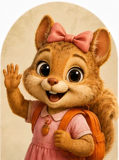 Portrait of Hazel, a young squirrel waving, wearing a pink bow, a pink dress, an acorn necklace and an orange backpack.