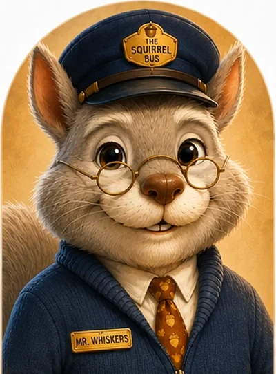 Portrait of Mr. Whiskers, the Squirrel Bus driver, a silver-grey squirrel in a navy uniform sweater, gold acorn-print tie and a navy cap reading The Squirrel Bus, wearing round wire-frame glasses and a Mr. Whiskers name badge.