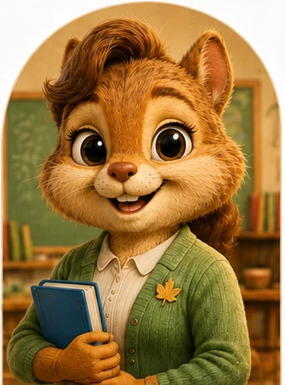 Portrait of Ms. Maple, a brown squirrel teacher in a green cardigan with a maple-leaf pin, holding a blue book in front of a classroom chalkboard and bookshelves.