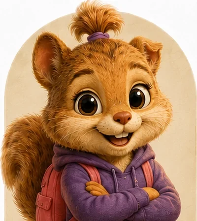 Portrait of Nutmeg, a young squirrel with a small ponytail, wearing a purple hoodie and a pink backpack, arms folded and smiling confidently.
