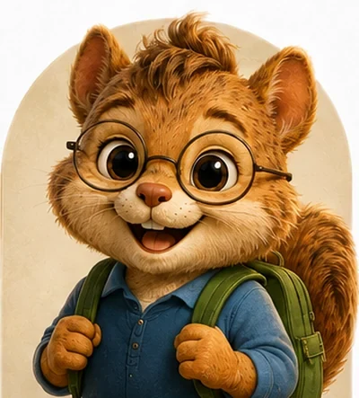 Portrait of Oliver, a young squirrel in round glasses and a blue collared shirt with a green backpack, smiling brightly.
