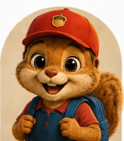 Portrait of Pip, a young squirrel in a red acorn-badge cap, red shirt and blue overalls with a blue backpack, grinning.