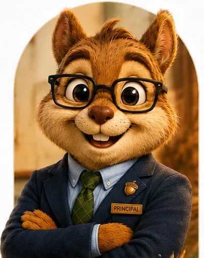 Portrait of Principal Acorn, a brown squirrel in a navy blazer, blue shirt and green plaid tie with a gold acorn pin and Principal badge, arms folded and smiling.