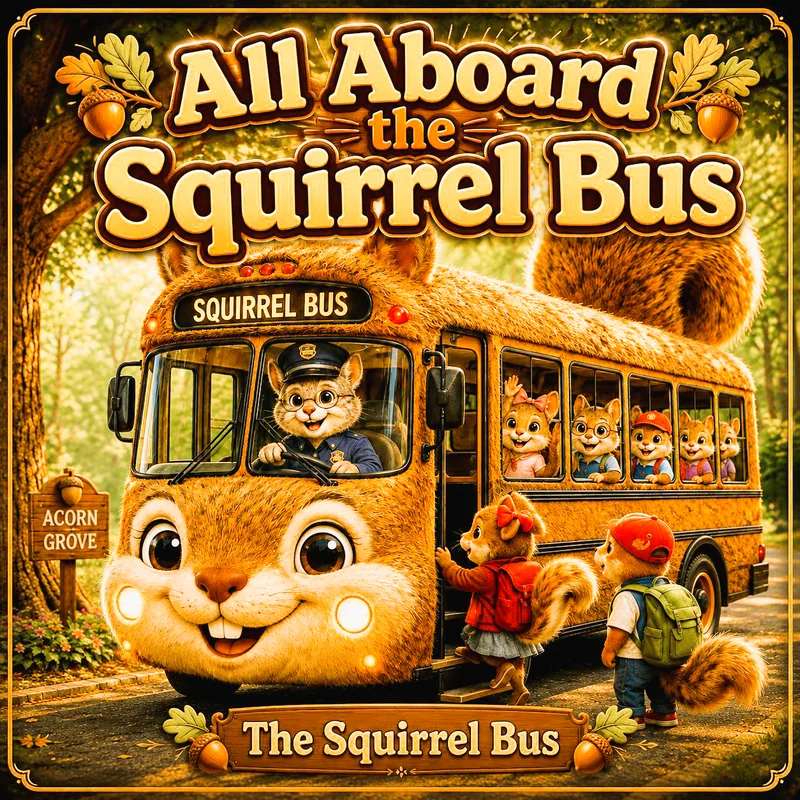 Song artwork for All Aboard the Squirrel Bus, showing the smiling squirrel bus with Mr. Whiskers waving from the driver's window and the four friends singing along.